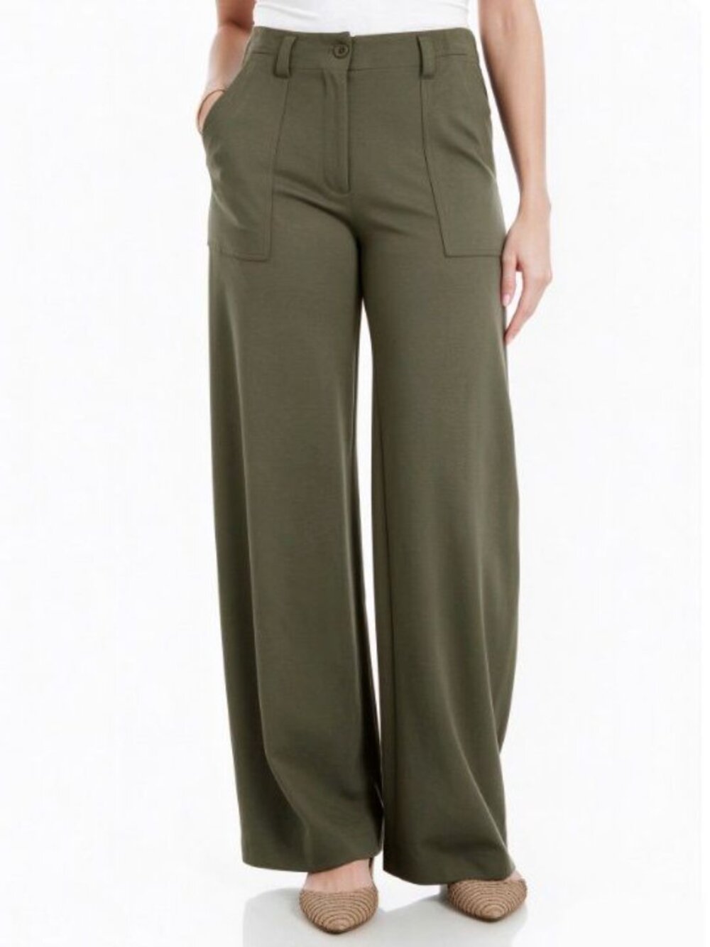 Max Studio Womens Wide Leg Stretch Pants Olive Green Size L